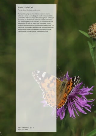 PLANTEKATALOG
Planter, der understøtter biodiversitet
Plantekataloget giver et overblik over danske plante­
arter, der i særlig grad bidrager til biodiversiteten, idet de
understøtter et bredt udvalg af insekter og fugle. Kataloget
er baseret på eksisterende viden i en række videnskabe­
lige artikler og bøger. Det omfatter 127 plantearter, hvoraf
størstedelen er urter (96 arter), men også træer, buske,
dværgbuske tuedannende græsser samt klatreplanter. For
hver art er livsvarighed, blomsterfarve, blomstringsperiode,
levestedsbetingelser, udbredelse i Danmark og plante­
højde angivet foruden kendte faunainteraktioner.
ISBN: 978-87-7156- 563-8
ISSN: 2244-999X
 