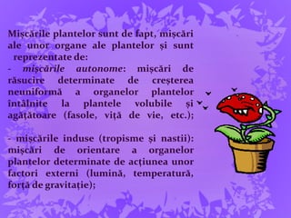 Mișcările plantelor sunt de fapt, mișcări
ale unor organe ale plantelor și sunt
reprezentate de:
- mișcările autonome: mișcări de
răsucire determinate de creșterea
neuniformă a organelor plantelor
întâlnite la plantele volubile și
agățătoare (fasole, viță de vie, etc.);
- mișcările induse (tropisme și nastii):
mișcări de orientare a organelor
plantelor determinate de acțiunea unor
factori externi (lumină, temperatură,
forță de gravitație);
 