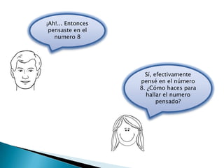 ¡Ah!... Entonces
 pensaste en el
   numero 8




                     Sí, efectivamente
                   pensé en el número
                   8. ¿Cómo haces para
                     hallar el numero
                          pensado?
 