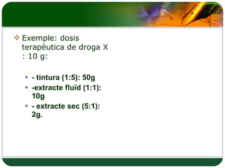 Exemple: dosis terapèutica de droga X : 10 g: - tintura (1:5): 50g -extracte fluïd (1:1): 10g - extracte sec (5:1): 2g. 