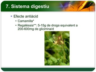7. Sistema digestiu Efecte antiàcid Camamilla* Regalèssia**: 5-15g de droga equivalent a 200-600mg de glicirrina/d 
