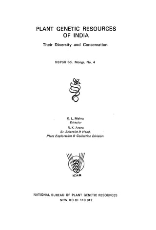 PLANT GENETIC RESOURCES
OF INDIA
Their Diversity and Conservation
NBPGR Sci. Mongr. No.4
K. L. Mehra
Director
R. K. Arora
Sr. Scientist & Head.
Plant Exploration & Collection Division
leAR
NATIONAL BUREAU OF PLANT GENETIC RESOURCES
NEW DELHI 110012
 