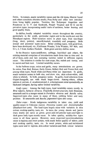 25
forms. In tomato, much variability occurs and the old types, Meerut Local
and others constitute obsolete stocks, Pusa Ruby and other new introduc-
tions being highly popular. Varieties, like Kalyanpur Angurlata and
Ponderose in U. P. and Keckruth, Punjab Tropical and SI 12 are the
prevalent types, incorporating useful traits of earliness, better bearing and
good quality fruits.
In chillies, locally adapted variability occurs throughout the country,
particularly in the south, peninsular region and in the north-east and the
Himalayan regions. Rich variation exists in plant type, fruit size/shape
(long, short, pointed, smooth/warted, roundish) and pungency. Both
annual and perennial types occur. Better yielding types, with good fruit,
have been developed, viz., California Wonder, Yola Wonder, NP 46A, and
G-I, 2, 3 from Andhra Pradesh. Both green and dry chillies occur.
In the Brassica types-cauliflower, cabbage, knol-khol and others, the
existing material comprises of introductions made from time to time and in
all of these, early and late maturing varieties suited to different regions
occur. The situation is similar for root crops, like, radish and turnip, and
in carrot and beet root. Limited variability occurs.
In the bulbous crops, onion and garlic, many introductions are grown.
In onion, Pusa Red, Ratnar, Early Grano, Bellary Red and Poona Red, and
among white types, Nasik white and Patna white are important. In garlic,
much variation occurs in bulb size, and clove size, skin colour-white, dull
white to whitish. In both, pungency varies. In garlic, local selections from
Gujrat-Junagadh, are with much larger cloves. Among others, Allium
species-A. porrum, A. ascalonicum and A. sc!lOenoprasum occur sporadically, as
backyard cultigens, having rather limited variability.
Leafy types: Among the leafy types, local variability occurs mostly in
Beta vulgaris, Spinacia oleracea. Trigonella foenum-graecum, leafy Brassicae,
amaranth and to a meagre extent in Portulaca oleracea and Basella rubra.
Improved types also occur in many of these, yielding better and tasty
produce. In amaranths and Basella, pigmented types also occur.
Tuber crops: Much indigenous variability in tuber size, yield and
quality occurs in Colocasia (taros), Dioscorea (yams) and Amorphophallus
(Elephant-foot yam). The local types largely occur with variation in skin
colour, cooking quality, taste, etc. In taros, the young shoots and leaves
(vary much) are eaten as green; green and red petioJar types and Ij~ht to
dark green leafy types mostly occur. In tuber quality, acridity-free types
occur in all these species. However, more improved types/introductions
occur in tapioca and sweet potato, with much better quality of tubers, yield
and cooking quality, taste, etc. In sweet potato, white and red skinned
types occur and in tapioca, skin colour variation and flesh colour variation
 