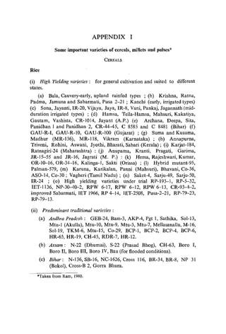 APPENDIX I
Some important varieties of cereals, millets and pulses*
CEREALS
Rice
(i) High Yielding varieties: for general cultivation and suited to different
states.
(a) Bala, Cauvery-early, upland rainfed types ; (b) Krishna, Ratna,
Padma, Jamuna and Sabarmati, Pusa 2-21 ; Kanchi (early, irrigated types)
(c) Sona, Jayanti, IR-20, Vijaya, Jaya, IR-8, Vani, Pankaj, Jagannath (mid-
duration irrigated types) ; (d) Hamsa, TelIa-Hamsa, Mahsuri, Kakatiya,
Gautam, Vashista, CR-1014, Jayant (A.P.) (e) Archana, Deepa, Sita,
Panidhan 1 and Panidhan 2, CR-44-45, C 8585 and C 8481 (Bihar) (f)
GAU-R-I, GAU-R-IO, GAU-R-IOO (Gujarat) ; (g) Suma and Kusuma,
Madhur (MR-136), MR-118, Vikram (Karnataka) ; (h) Annapurna,
Triveni, Rohini, Aswani, Jyothi, Bharati, Sabari (Kerala) ; (i) Karjat-184,
Ratnagiri-24 (Maharashtra) : (j) Anupama, Kranti, Pragati, Garima,
JR-15-55 and JR-16, Jagrati (M. P.) : (k) Hema, Rajeshwari, Kumar,
OR-IO-16, OR-34-16, Kalinga-l, Sakti (Orissa) ; (1) Hybrid mutant-95,
Palman-579, (m) Karuna, Karikalan, Panni (Mahsuri), Bhavani, Co-36,
ASO-14, Co-30 ; Vagheri (Tamil Nadu) ; (n) Saket-4, Sarju-49, Sarju-50,
IR-24 ; (0) High yielding varieties under trial RP-I93-I, RP-5-32,
IET-1l36, NP-30-40-2, RPW 6-17, RPW 6-12, RPW 6-13, CR-93-4-2,
improved Sabarmati, lET 1966, RP 4-14, IET-2S08, Pusa-2-21, RP-79-23,
RP-79-13.
(ii) Predominant traditional varieties:
(a) Andhra Pradesh: GEB-24, Bam-3, AKP-4, Pgt 1, Sathika, Sol-13,
Mtu-1 (Akullu), Mtu-lO, Mtu-9, Mtu-3, Mtu-7, Mellasanallu, M-16,
Sol-19, TKM-6, Mtu-I5, Co-29, BCP-I, BCP-2, BCP-4, BCP-6,
HR-65, HR-I9, CH-45, RDR-7, HR-12.
(b) Assam: N-22 (Dhumai), S-22 (Prasad Bhog), CH-63, Boro I,
Boro II, Boro III, Boro IV, Bau (for flooded conditions).
(c) Bihar: N-136, SB-16, NC-1626, Cross 116, BR-34, BR-8, NP 31
(Bokol), Cross-B 2, Gorra Bhura.
·Taken from Ram, 1980.
 