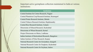 Important active germplasm collection maintained in India at various
institutions:
Institution
Central Institute for Cotton Research, Nagpur
Central Plantation Crop Research Institute, Kasaragod
Central Potato Research Institute, Shimla
Central Tobacco Research Institute, Rajahmundry
Central Rice Research Institute, Cuttack
Directorate of Oilseed Research, Hyderabad
Directorate of Wheat Research, Karnal
Project Directorate on Maize, Ludhiana
Indian Institute of Horticultural Research, Bangalore
Indian Institute of Pulse Research, Kanpur
National Research Centre for Groundnut, Junagarh
National Research Centre for Sorghum, Hyderabad
National Research Centre for Soybean, Indore
 