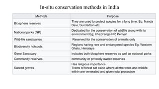 In-situ conservation methods in India
Methods Purpose
Biosphere reserves
They are used to protect species for a long time. Eg: Nanda
Devi, Sundarban etc.
National parks (NP)
Dedicated for the conservation of wildlife along with its
environment Eg; Khaziranga NP, Periyar
Wild-life sanctuaries Reserved for the conservation of animals only
Biodiversity hotspots
Regions having rare and endangered species Eg: Western
Ghats, Himalaya
Gene Sanctuary includes both biosphere reserves as well as national parks
Community reserves community or privately owned reserves
Sacred groves
Has religious importance
Tracts of forest set aside where all the trees and wildlife
within are venerated and given total protection
 