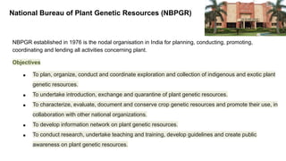 National Bureau of Plant Genetic Resources (NBPGR)
NBPGR established in 1976 is the nodal organisation in India for planning, conducting, promoting,
coordinating and lending all activities concerning plant.
Objectives
■ To plan, organize, conduct and coordinate exploration and collection of indigenous and exotic plant
genetic resources.
■ To undertake introduction, exchange and quarantine of plant genetic resources.
■ To characterize, evaluate, document and conserve crop genetic resources and promote their use, in
collaboration with other national organizations.
■ To develop information network on plant genetic resources.
■ To conduct research, undertake teaching and training, develop guidelines and create public
awareness on plant genetic resources.
 