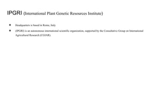 IPGRI (International Plant Genetic Resources Institute)
● Headquarters is based in Rome, Italy
● (IPGRI) is an autonomous international scientific organization, supported by the Consultative Group on International
Agricultural Research (CGIAR).
 