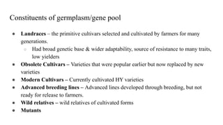 Constituents of germplasm/gene pool
● Landraces – the primitive cultivars selected and cultivated by farmers for many
generations.
○ Had broad genetic base & wider adaptability, source of resistance to many traits,
low yielders
● Obsolete Cultivars – Varieties that were popular earlier but now replaced by new
varieties
● Modern Cultivars – Currently cultivated HY varieties
● Advanced breeding lines – Advanced lines developed through breeding, but not
ready for release to farmers.
● Wild relatives – wild relatives of cultivated forms
● Mutants
 