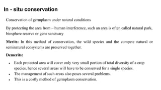 In - situ conservation
Conservation of germplasm under natural conditions
By protecting the area from – human interference, such an area is often called natural park,
biosphere reserve or gene sanctuary
Merits: In this method of conservation, the wild species and the compete natural or
seminatural ecosystems are preserved together.
Demerits:
● Each protected area will cover only very small portion of total diversity of a crop
species, hence several areas will have to be conserved for a single species.
● The management of such areas also poses several problems.
● This is a costly method of germplasm conservation.
 