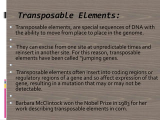 Transposable Elements:
 Transposable elements, are special sequences of DNA with
the ability to move from place to place in the genome.

 They can excise from one site at unpredictable times and
reinsert in another site. For this reason, transposable
elements have been called “jumping genes.

 Transposable elements often insert into coding regions or
regulatory regions of a gene and so affect expression of that
gene, resulting in a mutation that may or may not be
detectable.

 Barbara McClintock won the Nobel Prize in 1983 for her
work describing transposable elements in corn.
 