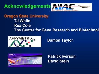 Acknowledgements: 
Oregon State University: 
TJ White 
Rex Cole 
The Center for Gene Research and Biotechnolo 
Damon Taylor 
Patrick Iverson 
David Stein 