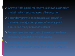 Growth from apical meristems is known as primary growth, which encompasses  all elongation. Secondary growth encompasses all growth in diameter, a major component of woody plant tissues and many nonwoody plants.  For example, storage roots of sweet potato have secondary growth but are not woody.  Secondary growth occurs at the lateral meristems, namely the vascular cambium and cork cambium.  