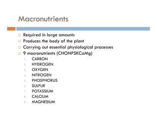 Macronutrients
Required in large amounts
Produces the body of the plant
Carrying out essential physiological processes
9 macronutrients (CHONPSKCaMg)9 macronutrients (CHONPSKCaMg)
1. CARBON
2. HYDROGEN
3. OXYGEN
4. NITROGEN
5. PHOSPHORUS
6. SULFUR
7. POTASSIUM
8. CALCIUM
9. MAGNESIUM
 
