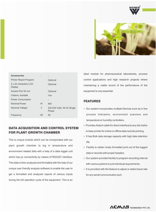 TECHNOCRACY PVT. LTD.
R
Ÿ Our system incorporates multiple Devices such as in line
process Indicators, environment scanners and
temperature or humidity controllers.
ŸProvides Astech cable for direct interface to any dot matrix
or laser printer for online or offline data records printing.
Ÿ It has Bulk data storage capacity with high data retention
life.
Ÿ Facility to obtain nicely formatted print out of the logged
data or records with proper headers.
Ÿ Our system provided facility to program recording interval
with various options to suit individual requirements.
Ÿ It is provided with the feature to adjust or select baud rate
for any serial communication port.
ideal module for pharmaceutical laboratories, process
control applications and high research projects where
maintaining a viable record of the performance of the
equipment is very essential.
This is unique module which can be incorporated with our
plant growth chamber to log in temperature and
environment related data with a help of a data logger unit
which has pc connectivity by means of RS232C interface.
This data is then analyzed and formatted with the help of our
unique user friendly analysis software to enable the user to
get a formatted and analyzed reports of various inputs
during the full operation cycle of the equipment. This is an
DATA ACQUISITION AND CONTROL SYSTEM
FOR PLANT GROWTH CHAMBER
FEATURES
Accessories
Printer Report Program
2 x 24 characters LCD
Display
Access Port 30 mm
Castors, lockable
Power Consumption
Nominal Power
Nominal Voltage
Frequency
-
W
V
HZ
-
Optional
Optional
Optional
Yes
-
950
220-230 Volts, 50 Hz Single
Phase
50
 