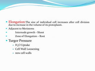  Elongation:The size of individual cell increases after cell division
due to increase in the volume of its protoplasm.
 Adjacent to Meristems
 Internode growth - Shoot
 Zone of Elongation – Root
 Turgor Pressure
 H2O Uptake
 Cell Wall Loosening
 new cell walls
 