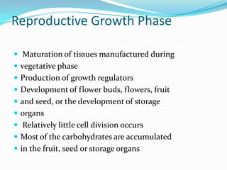 Reproductive Growth Phase
 Maturation of tissues manufactured during
 vegetative phase
 Production of growth regulators
 Development of flower buds, flowers, fruit
 and seed, or the development of storage
 organs
 Relatively little cell division occurs
 Most of the carbohydrates are accumulated
 in the fruit, seed or storage organs
 