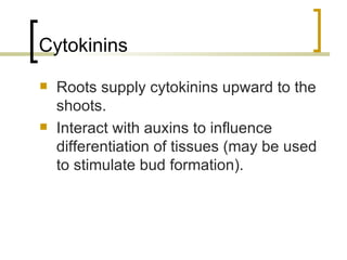 Cytokinins Roots supply cytokinins upward to the shoots. Interact with auxins to influence differentiation of tissues (may be used to stimulate bud formation). 
