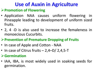 Use of Auxin in Agriculture
Promotion of Flowering
• Application NAA causes uniform flowering in
Pineapple leading to development of uniform sized
fruits.
• 2, 4 -D is also used to increase the femaleness in
monoecious Cucurbits.
Prevention of Premature Dropping of Fruits
• In case of Apple and Cotton - NAA
• In case of Citrus fruits – 2,4–D/ 2,4,5-T
Germination
• IAA, IBA, is most widely used in soaking seeds for
germination.
 