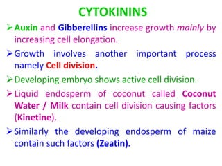 CYTOKININS
Auxin and Gibberellins increase growth mainly by
increasing cell elongation.
Growth involves another important process
namely Cell division.
Developing embryo shows active cell division.
Liquid endosperm of coconut called Coconut
Water / Milk contain cell division causing factors
(Kinetine).
Similarly the developing endosperm of maize
contain such factors (Zeatin).
 