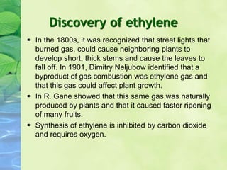 Discovery of ethylene
 In the 1800s, it was recognized that street lights that
burned gas, could cause neighboring plants to
develop short, thick stems and cause the leaves to
fall off. In 1901, Dimitry Neljubow identified that a
byproduct of gas combustion was ethylene gas and
that this gas could affect plant growth.
 In R. Gane showed that this same gas was naturally
produced by plants and that it caused faster ripening
of many fruits.
 Synthesis of ethylene is inhibited by carbon dioxide
and requires oxygen.
 