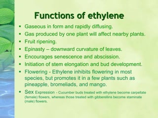 Functions of ethylene
 Gaseous in form and rapidly diffusing.
 Gas produced by one plant will affect nearby plants.
 Fruit ripening.
 Epinasty – downward curvature of leaves.
 Encourages senescence and abscission.
 Initiation of stem elongation and bud development.
 Flowering - Ethylene inhibits flowering in most
species, but promotes it in a few plants such as
pineapple, bromeliads, and mango.
 Sex Expression - Cucumber buds treated with ethylene become carpellate
(female) flowers, whereas those treated with gibberellins become staminate
(male) flowers.
 