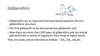 Gibberellins
• Gibberellins are an extensive chemical family based on the ent-
gibberellane structure.
• The first gibberellin to be discovered was gibberellic acid.
• Now there are more than 100 types of gibberellins and are mainly
gathered from a variety of organisms from fungi to higher plants.
They are acidic and are denoted as follows – GA1, GA2, GA3etc.
 