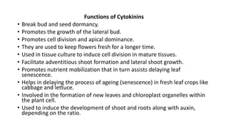 Functions of Cytokinins
• Break bud and seed dormancy.
• Promotes the growth of the lateral bud.
• Promotes cell division and apical dominance.
• They are used to keep flowers fresh for a longer time.
• Used in tissue culture to induce cell division in mature tissues.
• Facilitate adventitious shoot formation and lateral shoot growth.
• Promotes nutrient mobilization that in turn assists delaying leaf
senescence.
• Helps in delaying the process of ageing (senescence) in fresh leaf crops like
cabbage and lettuce.
• Involved in the formation of new leaves and chloroplast organelles within
the plant cell.
• Used to induce the development of shoot and roots along with auxin,
depending on the ratio.
 