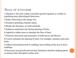 ROLE OF ETHYLENE
1.Ethylene is the most widely used plant growth regulator as it helps in
regulating many physiological processes.
2.Induce flowering in the mango tree.
3.Promotes sprouting of potato tubers.
4.Breaks the dormancy of seeds and buds.
5.Enhances respiration rate during ripening of fruits.
6.Applied to rubber trees to stimulate the flow of latex.
7.Promotes abscission and senescence of both leaves and flowers.
8.Used to stimulate the ripening of fruits. For example, tomatoes and citrus
fruits.
9.Affects horizontal growth of seedlings and swelling of the axis in dicot
seedlings.
10.Increases root growth and root hair formation, therefore helping plants
to increase their absorption surface area
 