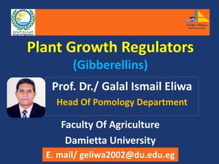 Plant Growth Regulators
(Gibberellins)
Prof. Dr./ Galal Ismail Eliwa
Head Of Pomology Department
Faculty Of Agriculture
Damietta University
E. mail/ geliwa2002@du.edu.eg
 
