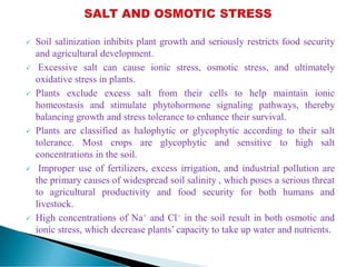  Soil salinization inhibits plant growth and seriously restricts food security
and agricultural development.
 Excessive salt can cause ionic stress, osmotic stress, and ultimately
oxidative stress in plants.
 Plants exclude excess salt from their cells to help maintain ionic
homeostasis and stimulate phytohormone signaling pathways, thereby
balancing growth and stress tolerance to enhance their survival.
 Plants are classified as halophytic or glycophytic according to their salt
tolerance. Most crops are glycophytic and sensitive to high salt
concentrations in the soil.
 Improper use of fertilizers, excess irrigation, and industrial pollution are
the primary causes of widespread soil salinity , which poses a serious threat
to agricultural productivity and food security for both humans and
livestock.
 High concentrations of Na+ and Cl− in the soil result in both osmotic and
ionic stress, which decrease plants’ capacity to take up water and nutrients.
 