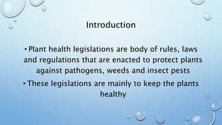 Introduction
• Plant health legislations are body of rules, laws
and regulations that are enacted to protect plants
against pathogens, weeds and insect pests
• These legislations are mainly to keep the plants
healthy
 