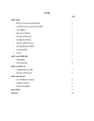 สารบัญ
หน้า
บทที่ 1 บทนํา
- ชื่อโครงงานการทดลองฮอร์โมนพืช 1
- สมาชิกโครงงานการทดลองฮอร์โมนพืช 1
- อาจารย์ผู้สอน 1
- ที่มาและความสําคัญ 1
- คําถามการทําโครงงาน 1
- สมมติฐานการทดลอง 1
- วัตถุประสงค์ของโครงงาน 1
- ประโยชน์ที่คาดว่าจะได้รับ 1
- ขอบเขตการวิจัย 2
- ตัวแปร 2
บทที่ 2 เอกสารที่เกี่ยวข้อง
- ต้นพุดพิชญา 3
- ฮอร์โมนออกซิน 4
บทที่ 3 การดําเนินงาน
- วัสดุอุปกรณ์และสารเคมี 5
- ขั้นตอนการทําโครงงาน 6
บทที่ 4 ผลการทดลอง
- ตารางบันทึกผลการทดลอง 7
- สรุปผลการทดลอง 8
- ข้อเสนอแนะเพิ่มเติม 8
เอกสารอ้างอิง 9
ภาคผนวก 10
 