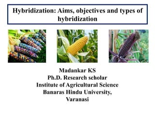 Hybridization: Aims, objectives and types of
hybridization
Madankar KS
Ph.D. Research scholar
Institute of Agricultural Science
Banaras Hindu University,
Varanasi
 