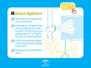 Aulas digitales3
Ordenadores ultraportátiles
paraelalumnado.
Ordenadores ultraportátiles
paralasmaestrasylosmaes-
trosde5ºy6ºdePrimariayel
profesoradode1ºy2ºdeSe-
cundariadecentrospúblicos.
6.439aulasconpizarradigital,
cañóndeproyecciónyequipo
multimedia.
Muebleparaalimentaciónba-
terías.
 