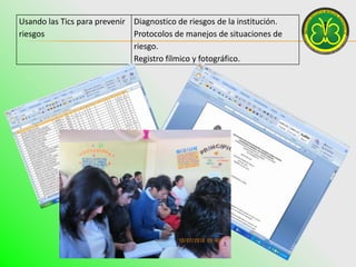 Usando las Tics para prevenir Diagnostico de riesgos de la institución.
riesgos                       Protocolos de manejos de situaciones de
                              riesgo.
                              Registro fílmico y fotográfico.
 