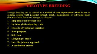 IDEOTYPE BREEDING
Ideotype breeding can be defined as a method of crop improvement which is use to
enhance genetic yield potential through genetic manipulation of individual plant
character. Main features of ideotype breeding are
1. Emphasis on individual trait
2. Includes yield enhancing traits
3. Exploits physiological variation
4. Slow progress
5. Selection
6. Designing of model
7. Interdisciplinary approach
8. A continuous process
 