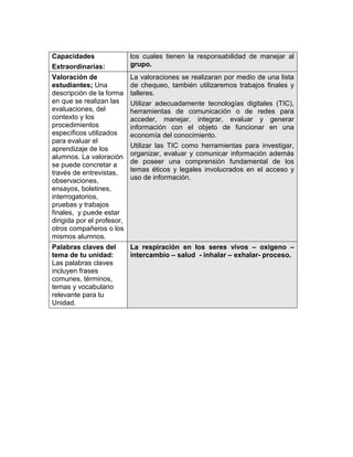 5




Capacidades                 los cuales tienen la responsabilidad de manejar al
Extraordinarias:            grupo.
Valoración de               La valoraciones se realizaran por medio de una lista
estudiantes; Una            de chequeo, también utilizaremos trabajos finales y
descripción de la forma     talleres.
en que se realizan las      Utilizar adecuadamente tecnologías digitales (TIC),
evaluaciones, del           herramientas de comunicación o de redes para
contexto y los              acceder, manejar, integrar, evaluar y generar
procedimientos              información con el objeto de funcionar en una
específicos utilizados      economía del conocimiento.
para evaluar el
aprendizaje de los          Utilizar las TIC como herramientas para investigar,
alumnos. La valoración      organizar, evaluar y comunicar información además
se puede concretar a        de poseer una comprensión fundamental de los
través de entrevistas,      temas éticos y legales involucrados en el acceso y
observaciones,              uso de información.
ensayos, boletines,
interrogatorios,
pruebas y trabajos
finales, y puede estar
dirigida por el profesor,
otros compañeros o los
mismos alumnos.
Palabras claves del         La respiración en los seres vivos – oxigeno –
tema de tu unidad:          intercambio – salud - inhalar – exhalar- proceso.
Las palabras claves
incluyen frases
comunes, términos,
temas y vocabulario
relevante para tu
Unidad.
 