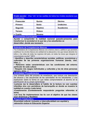 3




Grado escolar: (Haz “clic” en las casillas de todos los niveles escolares que
corresponda:
  Preescolar                  Quinto                       Décimo
  Primero                     Sexto                        Undécimo
  Segundo                     Séptimo                      Duodécimo
  Tercero                     Octavo
• Cuarto                 Noveno
Lineamientos Curriculares
Ayudar a comprender la realidad nacional (pasado-presente) para
transformar la sociedad en la que las y los estudiantes se
desarrollan ,donde sea necesario

Estándares de Competencias Básicas
“los Estándares de Competencias Básicas son criterios claros y públicos que permiten
establecer los niveles básicos de calidad de la educación a los que tienen derecho los
niños y las niñas de todas las regiones del país, en todas las áreas que integran el
conocimiento escolar” MEN
• Identiﬁco y describo características sociales, políticas, económicas y
culturales de las primeras organizaciones humanas (banda, clan,
tribu...).
• Relaciono estas características con las condiciones del entorno
particular de cada cultura
• Respeto mis rasgos individuales y culturales y los de otras personas
(género, etnia…)
Actividades/ Procedimientos
Una síntesis clara del proceso de enseñanza, que incluya una descripción
del alcance y las secuencias de las actividades de los estudiantes, y una
explicación sobre la forma en que éstas comprometerán al alumno en la
planificación de su propio aprendizaje
-Lecturas (se le desarrollara el habito de la lectura no con cuentos
infantiles sino con periódicos de barranquilla en donde se muestra la
realidad en cuanto a este tema)
-Cuestionarios (Contestemente responderán preguntas referentes al
tema)
-Las tics( Se implementaran las tic con el objetivo de que las clases
sean dinámicas y flexibles)
Proyecto Colaborativo
Diversidad cultural, inclusión e interculturalidad con equidad y
valoración mutua en Educación Superior
 