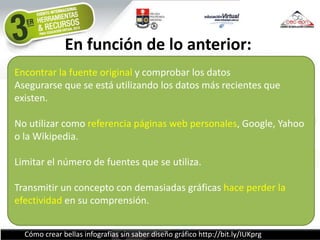 En función de lo anterior:
Encontrar la fuente original y comprobar los datos
Asegurarse que se está utilizando los datos más recientes que
existen.
No utilizar como referencia páginas web personales, Google, Yahoo
o la Wikipedia.
Limitar el número de fuentes que se utiliza.
Transmitir un concepto con demasiadas gráficas hace perder la
efectividad en su comprensión.
Cómo crear bellas infografías sin saber diseño gráfico http://bit.ly/IUKprg

 