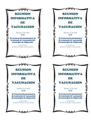 REUNION
INFORMATIVA
DE
VACUNACION
Sábado 12 de abril
10:30
Se trataran los pormenores
de la jornada de vacunación
del municipio de Chigorodó.
CLL100 N90-50
HOSPITAL MARIA AUXILIADORA
REUNION
INFORMATIVA
DE
VACUNACION
Sábado 12 de abril
10:30
Se trataran los pormenores de
la jornada de vacunación del
municipio de Chigorodó.
CLL100 N90-50
HOSPITAL MARIA AUXILIADORA
REUNION
INFORMATIVA
DE
VACUNACION
Sábado 12 de abril
10:30
Se trataran los pormenores
de la jornada de vacunación
del municipio de Chigorodó.
CLL100 N90-50
HOSPITAL MARIA AUXILIADORA
REUNION
INFORMATIVA
DE
VACUNACION
Sábado 12 de abril
10:30
Se trataran los pormenores
de la jornada de vacunación
del municipio de Chigorodó.
CLL100 N90-50
HOSPITAL MARIA AUXILIADORA
 