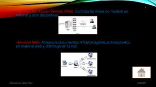 -Servidor del Acceso Remoto (RAS): Controla las líneas de modem de
internet y otro dispositivos.
-Servidor Web: Almacena documentos HTLM,imágenes,archivos,textos
en material web y distribuye en la red.
26/06/2017Elaborado por: Marlon Flores
6
 