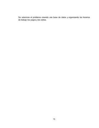 15
Se soluciona el problema creando una base de datos y organizando los horarios
de trabajo los pagos y los extras.
 