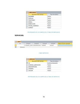 18
PROPIEDADES DE LOS CAMPOS DE LA TABLA DE EMPLEADOS
SERVICIOS.
TABLA SERVICIOS
PROPIEDADES DE LOS CAMPOS DE LA TABLA DE SERVICIOS
 