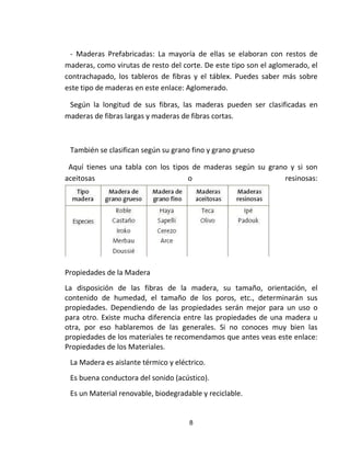 8
- Maderas Prefabricadas: La mayoría de ellas se elaboran con restos de
maderas, como virutas de resto del corte. De este tipo son el aglomerado, el
contrachapado, los tableros de fibras y el táblex. Puedes saber más sobre
este tipo de maderas en este enlace: Aglomerado.
Según la longitud de sus fibras, las maderas pueden ser clasificadas en
maderas de fibras largas y maderas de fibras cortas.
También se clasifican según su grano fino y grano grueso
Aquí tienes una tabla con los tipos de maderas según su grano y si son
aceitosas o resinosas:
Propiedades de la Madera
La disposición de las fibras de la madera, su tamaño, orientación, el
contenido de humedad, el tamaño de los poros, etc., determinarán sus
propiedades. Dependiendo de las propiedades serán mejor para un uso o
para otro. Existe mucha diferencia entre las propiedades de una madera u
otra, por eso hablaremos de las generales. Si no conoces muy bien las
propiedades de los materiales te recomendamos que antes veas este enlace:
Propiedades de los Materiales.
La Madera es aislante térmico y eléctrico.
Es buena conductora del sonido (acústico).
Es un Material renovable, biodegradable y reciclable.
 