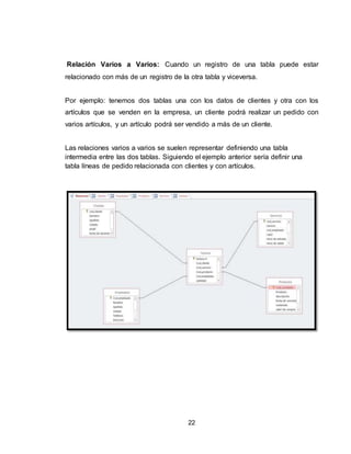 22
Relación Varios a Varios: Cuando un registro de una tabla puede estar
relacionado con más de un registro de la otra tabla y viceversa.
Por ejemplo: tenemos dos tablas una con los datos de clientes y otra con los
artículos que se venden en la empresa, un cliente podrá realizar un pedido con
varios artículos, y un artículo podrá ser vendido a más de un cliente.
Las relaciones varios a varios se suelen representar definiendo una tabla
intermedia entre las dos tablas. Siguiendo el ejemplo anterior sería definir una
tabla líneas de pedido relacionada con clientes y con artículos.
 