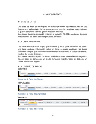 16
4. MARCO TEÓRICO
4.1 BASE DE DATOS
Una base de datos es un conjunto de datos que están organizados para un uso
determinado y el conjunto de los programas que permiten gestionar estos datos es
lo que se denomina sistema gestor de bases de datos
-Las bases de datos Access 2010 tienen la extinción ACCBD, son bases de datos
relacionables, los datos están organizados en tablas
4.1.1 TABLAS DE DATOS
Una tabla de datos es un objeto que se define y utiliza para almacenar los datos.
Una tabla contiene información sobre un tema o asunto particular, las tablas
contienen campos que almacenan los diferentes datos como el código del cliente,
nombre del cliente dirección…
Al conjunto de campos para un mismo objeto de la tabla se le denomina registro o
fila, así todos los campos de un cliente forman un registro, todos los datos de un
cliente forman otro registro.
4.1.1.1 DISEÑO DE TABLAS
CLIENTES
Ilustración 1 Tabla de Clientes
EMPLEADOS
Ilustración 2 Tabla de Empleados
SERVICIO
Ilustración 3 Tabla de Servicio
 