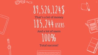 89,526,124$
That’s a lot of money
100%
Total success!
185,244users
And a lot of users
17
 