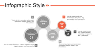 Infographic Style
01
Modern PowerPoint
Presentation
02
Modern
Presentation
03
Modern
Presentation
04
Modern
PPT
05
Modern
You can simply impress your audience and
add a unique zing and appeal to your
Presentations.
02
You can simply impress your
audience and add a unique zing
and appeal to your Presentations.
04
You can simply impress your audience and
add a unique zing and appeal to your
Presentations.
03
You can simply impress your audience and add a unique
zing and appeal to your Presentations.
01
You can simply impress
your audience and add a
unique zing and appeal to
your Presentations.
05
 