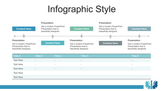 Infographic Style
Content Here
Content Here
Content Here
Content Here
Content Here
Tittle A Tittle B Tittle C Tittle D Tittle E
Text Here - - - -
Text Here - - - -
Text Here - - - -
Text Here
Text Here
Presentation
Get a modern PowerPoint
Presentation that is
beautifully designed.
Presentation
Get a modern PowerPoint
Presentation that is
beautifully designed.
Presentation
Get a modern PowerPoint
Presentation that is
beautifully designed.
Presentation
Get a modern PowerPoint
Presentation that is
beautifully designed.
Presentation
Get a modern PowerPoint
Presentation that is
beautifully designed.
 